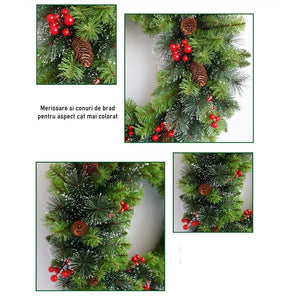 Coronita pentru Craciun Flippy, 60 cm, din brad artificial, decorata cu conuri si merisoare, Verde-0