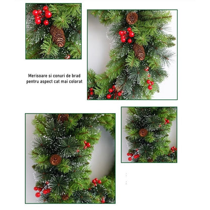 Coronita pentru Craciun Flippy, 60 cm, din brad artificial, decorata cu conuri si merisoare, Verde-0