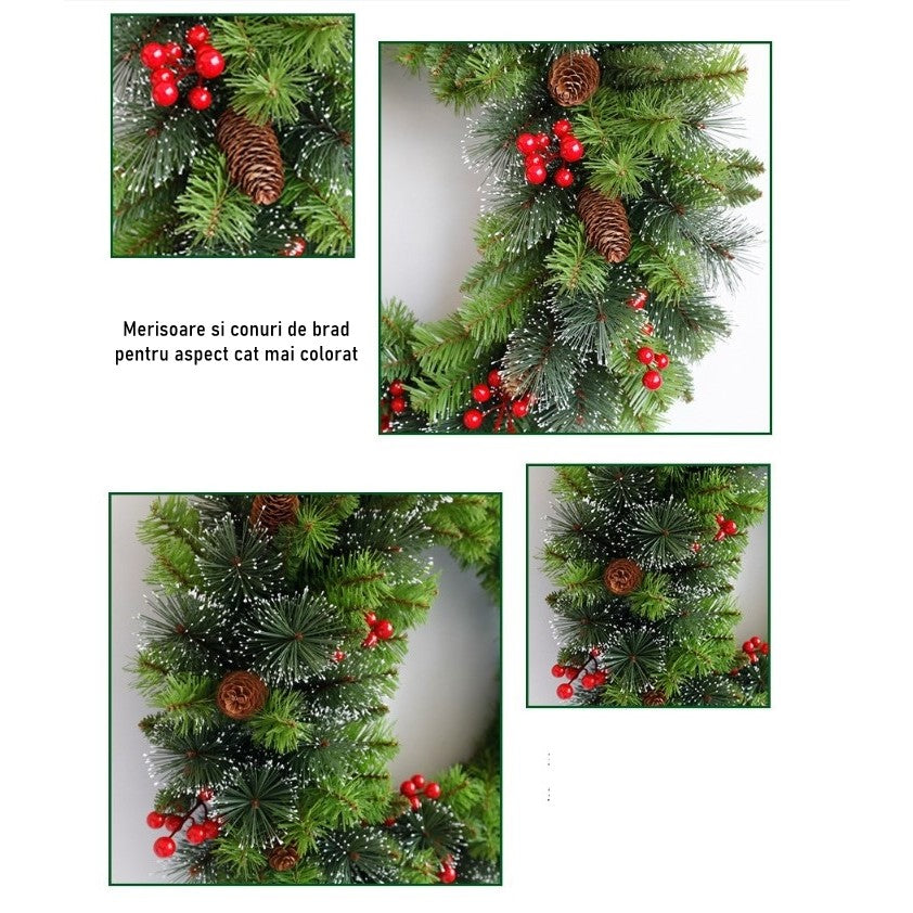 Coronita pentru Craciun Flippy, 60 cm, din brad artificial, decorata cu conuri si merisoare, Verde-0