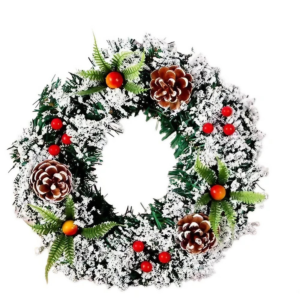 Coronita pentru Craciun Flippy, diametru 20 cm, din brad artificial, decorata cu conuri si merisoare, inzapezit, Verde/Alb-0