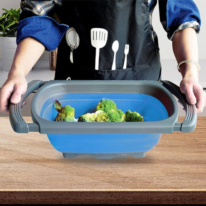 Cos de Scurgere Retractabil pentru Chiuveta, Flippy, cu Filtru, pentru Fructe si Legume, de Uz Casnic, 39x12 cm, Design Extensibil pana la 61 cm, cu Manere de Prindere, Albastru-3