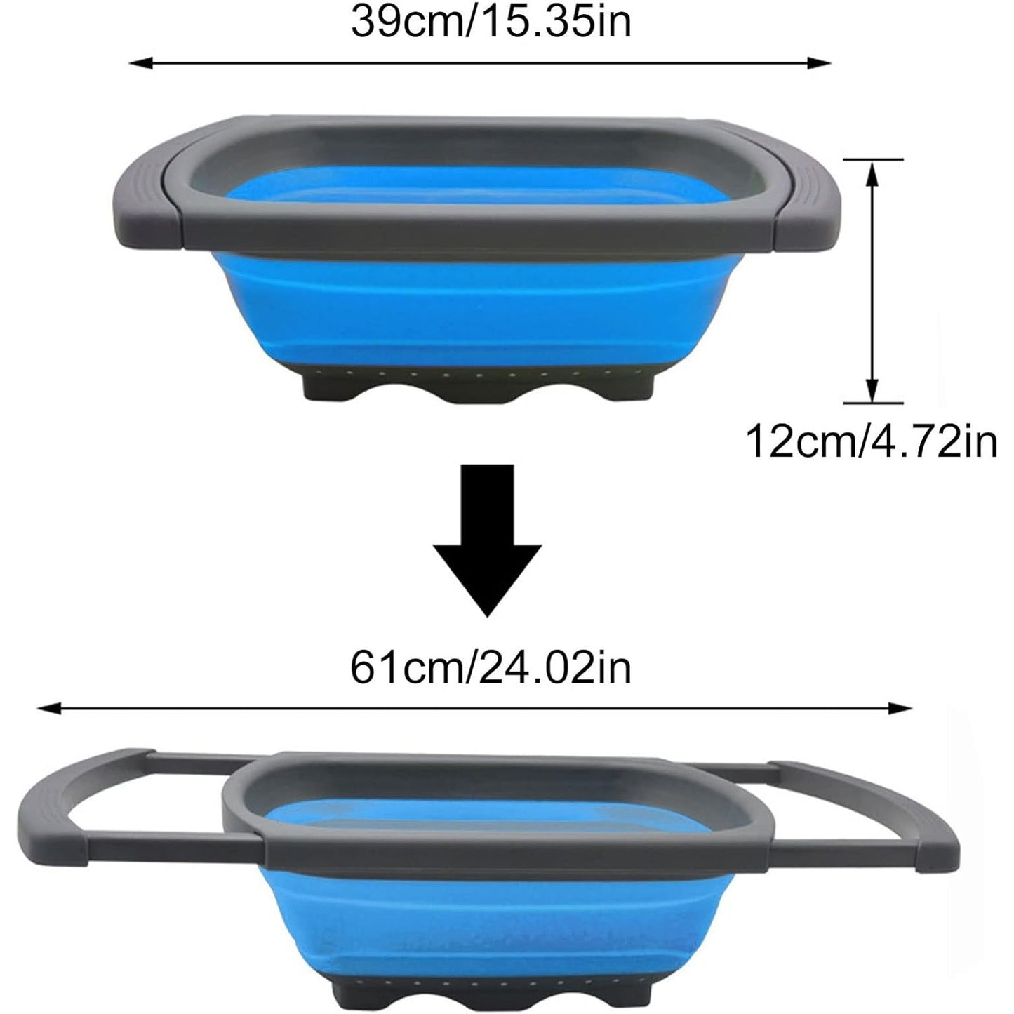 Cos de Scurgere Retractabil pentru Chiuveta, Flippy, cu Filtru, pentru Fructe si Legume, de Uz Casnic, 39x12 cm, Design Extensibil pana la 61 cm, cu Manere de Prindere, Albastru-5