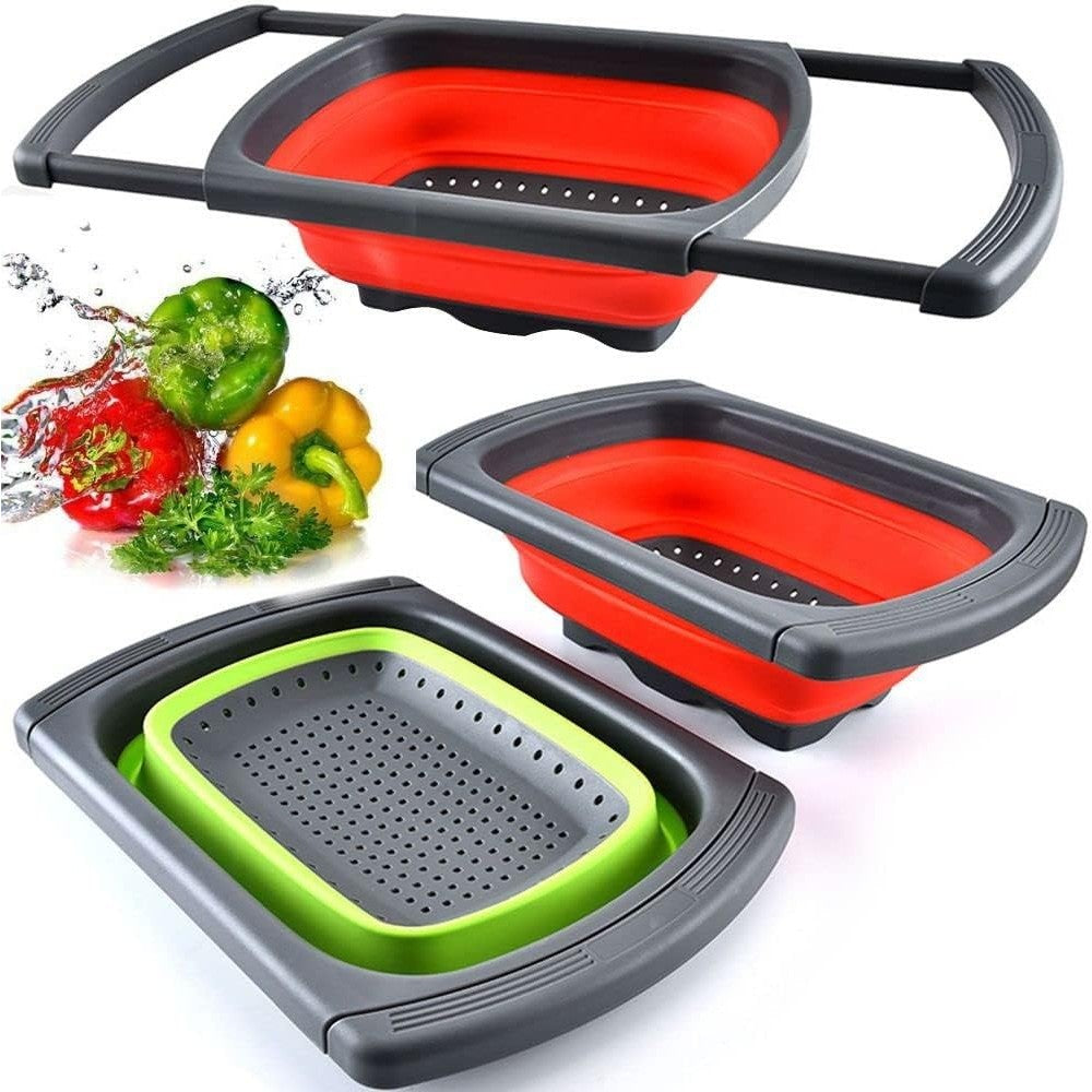 Cos de Scurgere Retractabil pentru Chiuveta, Flippy, cu Filtru, pentru Fructe si Legume, de Uz Casnic, 39x12 cm, Design Extensibil pana la 61 cm, cu Manere de Prindere, Rosu-4