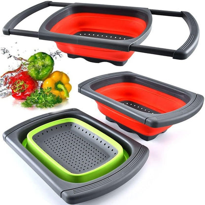Cos de Scurgere Retractabil pentru Chiuveta, Flippy, cu Filtru, pentru Fructe si Legume, de Uz Casnic, 39x12 cm, Design Extensibil pana la 61 cm, cu Manere de Prindere, Rosu-4
