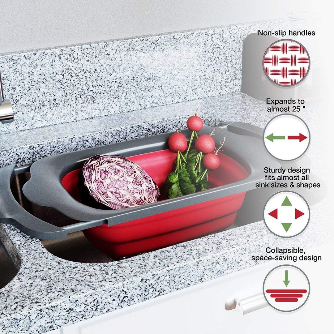 Cos de Scurgere Retractabil pentru Chiuveta, Flippy, cu Filtru, pentru Fructe si Legume, de Uz Casnic, 39x12 cm, Design Extensibil pana la 61 cm, cu Manere de Prindere, Rosu-6