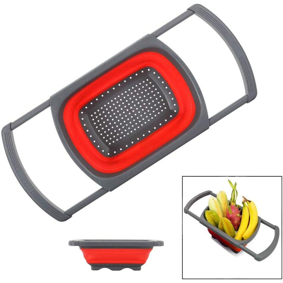 Cos de Scurgere Retractabil pentru Chiuveta, Flippy, cu Filtru, pentru Fructe si Legume, de Uz Casnic, 39x12 cm, Design Extensibil pana la 61 cm, cu Manere de Prindere, Rosu-9
