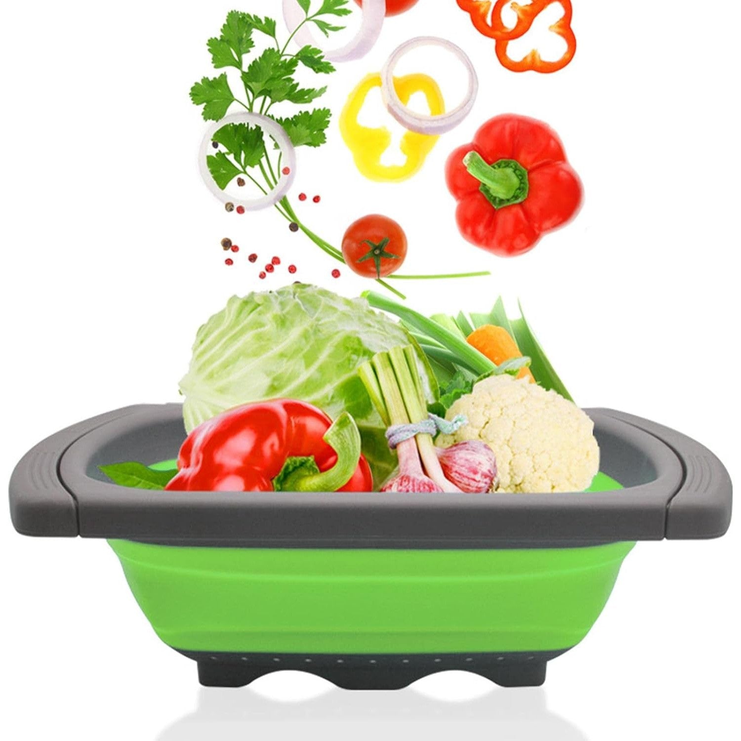 Cos de Scurgere Retractabil pentru Chiuveta, Flippy, cu Filtru, pentru Fructe si Legume, de Uz Casnic, 39x12 cm, Design Extensibil pana la 61 cm, cu Manere de Prindere, Verde-3
