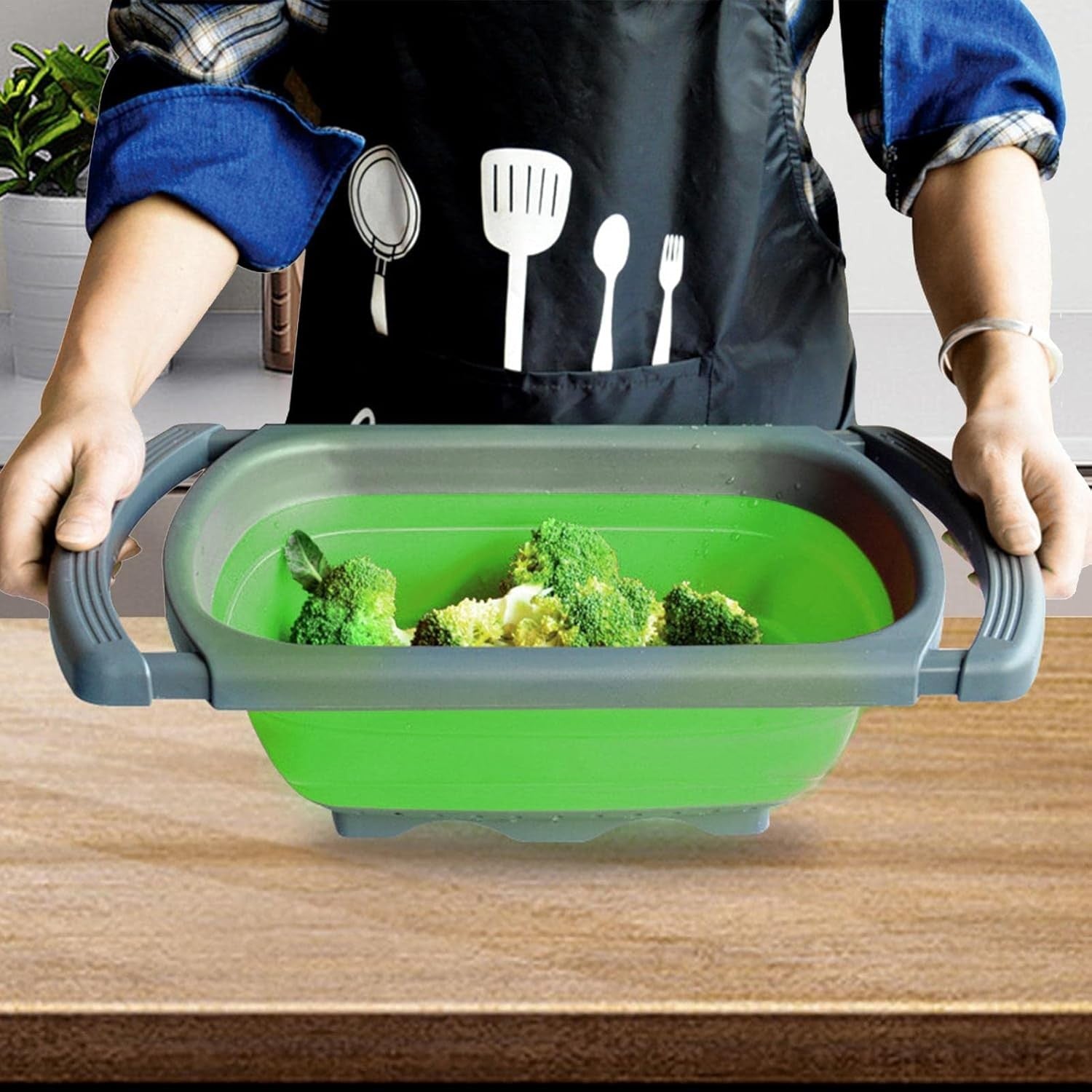 Cos de Scurgere Retractabil pentru Chiuveta, Flippy, cu Filtru, pentru Fructe si Legume, de Uz Casnic, 39x12 cm, Design Extensibil pana la 61 cm, cu Manere de Prindere, Verde-5