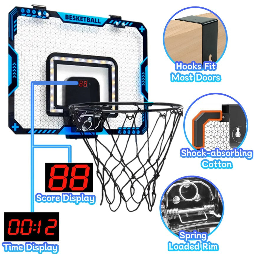 Cos de Baschet pentru Copii, Flippy, cu Tablou de Bord Electronic, Minge, Pompa, 2 Moduri, Interior/Exterior, Inel Metalic si Rabatabil cu Arc, Luminos, 41x31x5 cm, Multicolor-6