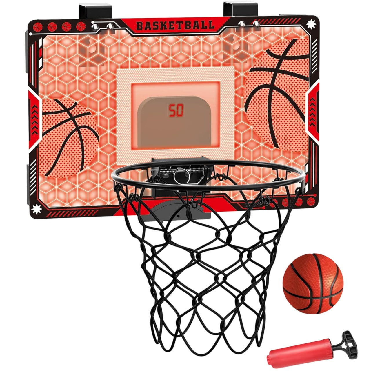 Cos de Baschet pentru Copii, Flippy, cu Tablou de Bord Electronic, Minge, Pompa, 2 Moduri, Interior/Exterior, Inel Metalic si Rabatabil cu Arc, Luminos, 41x27.5x5 cm, Multicolor-0