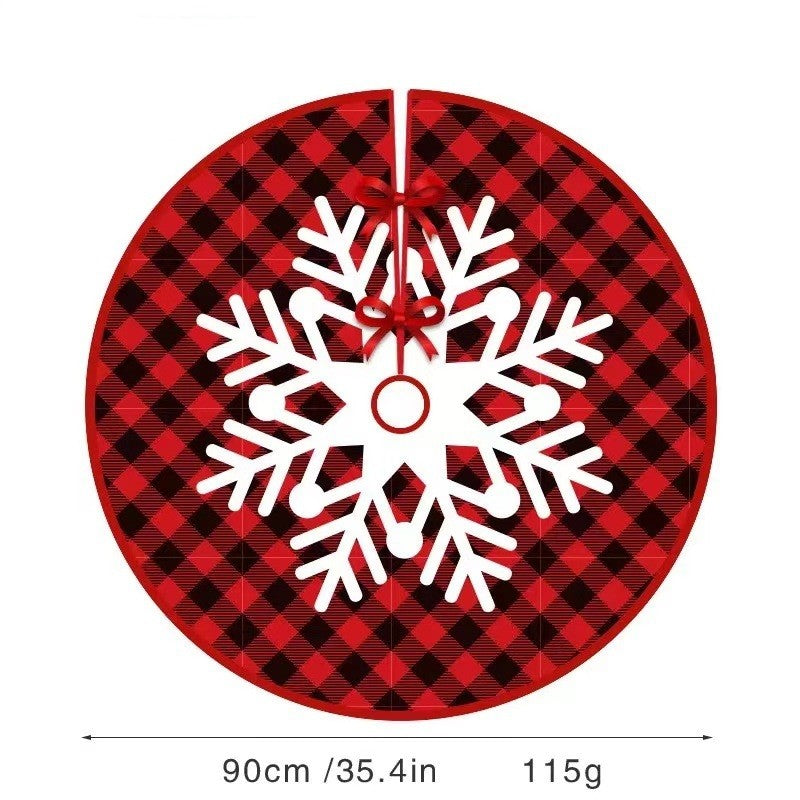 Covoras pentru Bradul de Craciun, Flippy, din Tesatura Pufoasa, cu Fundite de Prindere, Model Fulg de Nea, Carouri Rosu/Negru, Diametru 90 cm-1