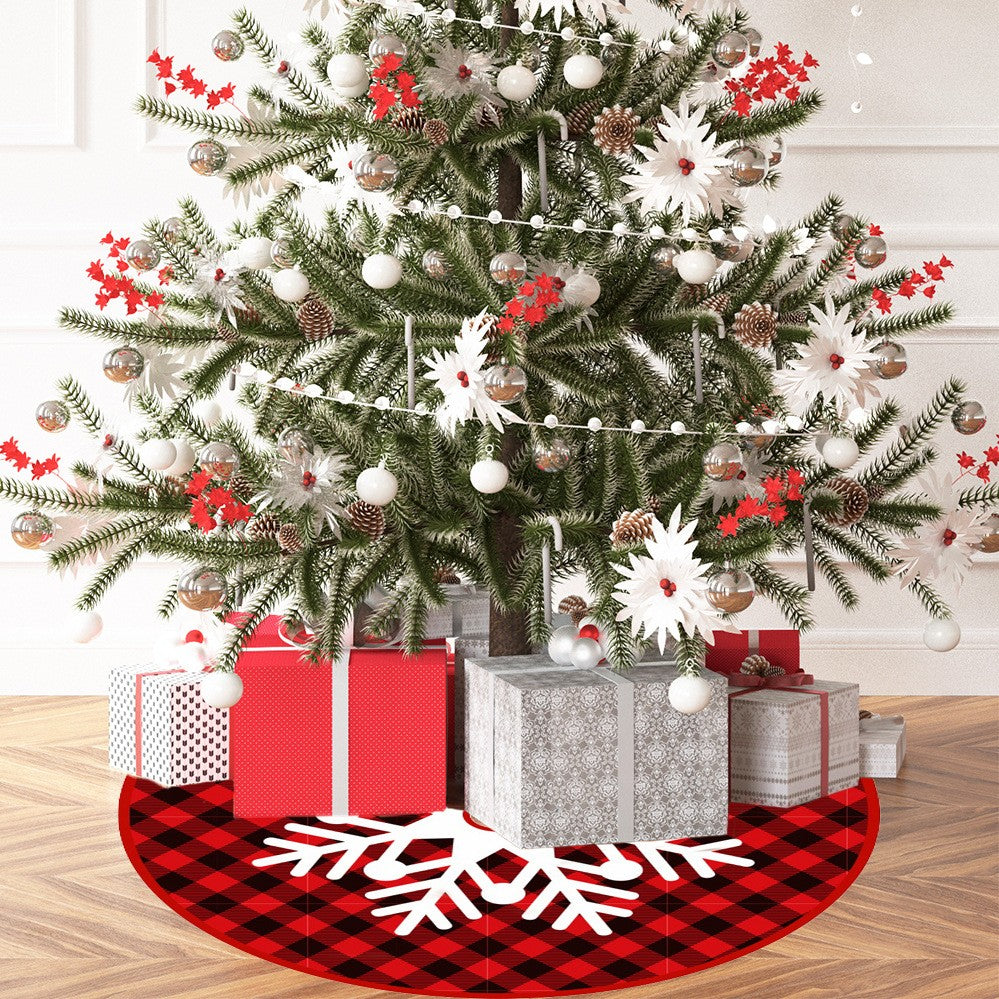 Covoras pentru Bradul de Craciun, Flippy, din Tesatura Pufoasa, cu Fundite de Prindere, Model Fulg de Nea, Carouri Rosu/Negru, Diametru 90 cm-2