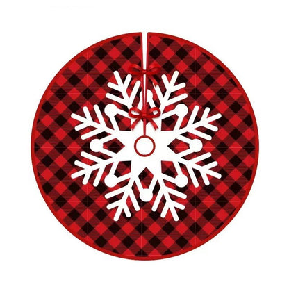 Covoras pentru Bradul de Craciun, Flippy, din Tesatura Pufoasa, cu Fundite de Prindere, Model Fulg de Nea, Carouri Rosu/Negru, Diametru 90 cm-9