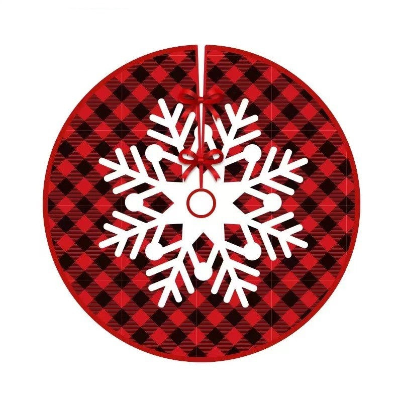 Covoras pentru Bradul de Craciun, Flippy, din Tesatura Pufoasa, cu Fundite de Prindere, Model Fulg de Nea, Carouri Rosu/Negru, Diametru 90 cm-9