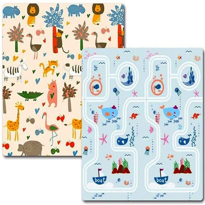 Covoraș de Joaca pentru Copii Termic cu 2 Fete, Flippy, Model Lumea Animalelor si Calatorie pe mare, cu Spuma, Impermeabil, Antiderapant, 200x180 x 0.8 cm, Multicolor-0