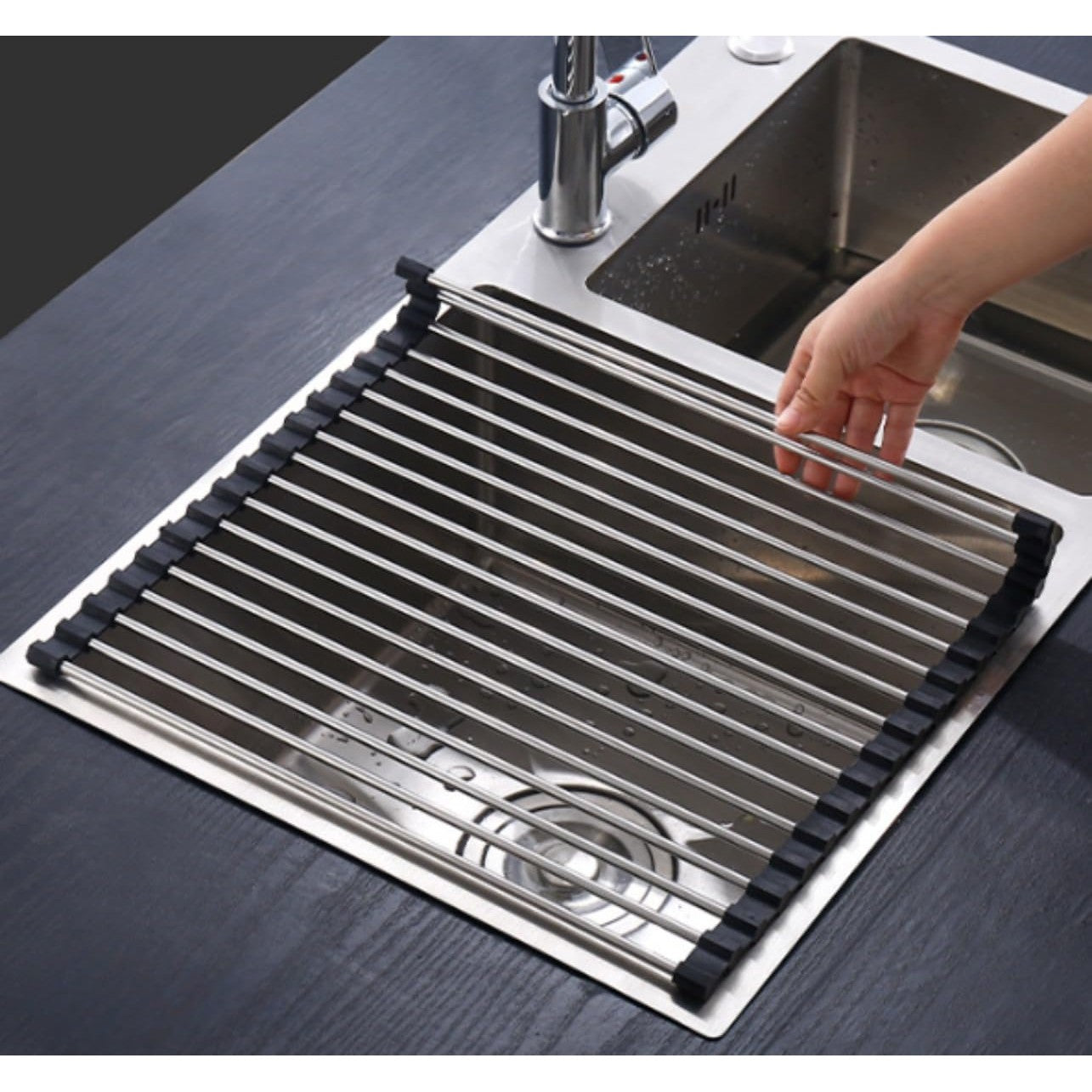 Covoras de Scurgere pentru Chiuveta Bucatarie, din Otel Inoxidabil, Suport Chiuveta, Pliabil, Antiderapant, Usor de Curatat si de Depozitat, 37x30 cm, 15 Tuburi, Negru-5