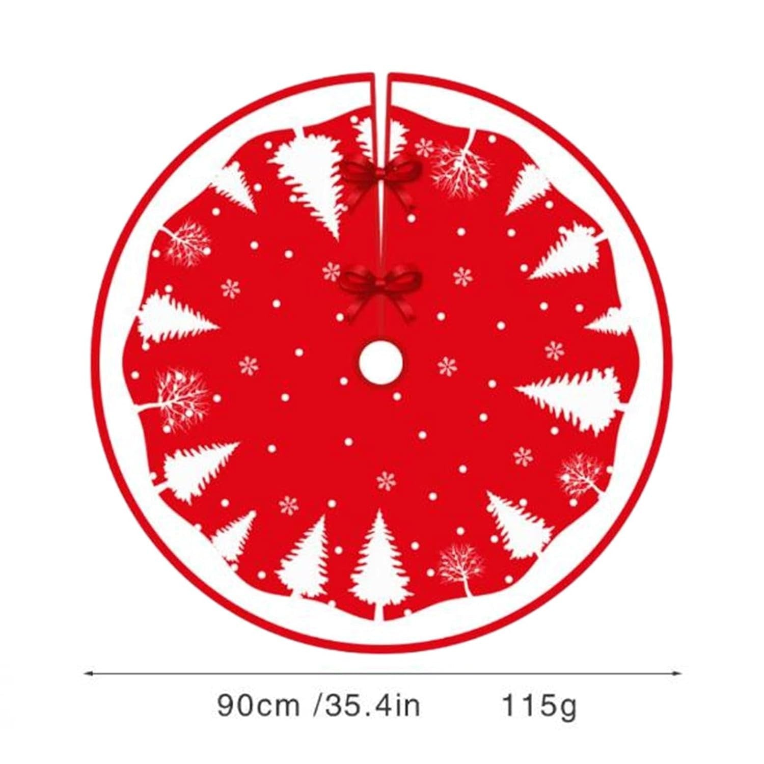 Covoras pentru Bradul de Craciun, Flippy, din Tesatura Pufoasa, cu Fundite de Prindere, Model Brazi, Rosu/Alb, Diametru 90 cm-4