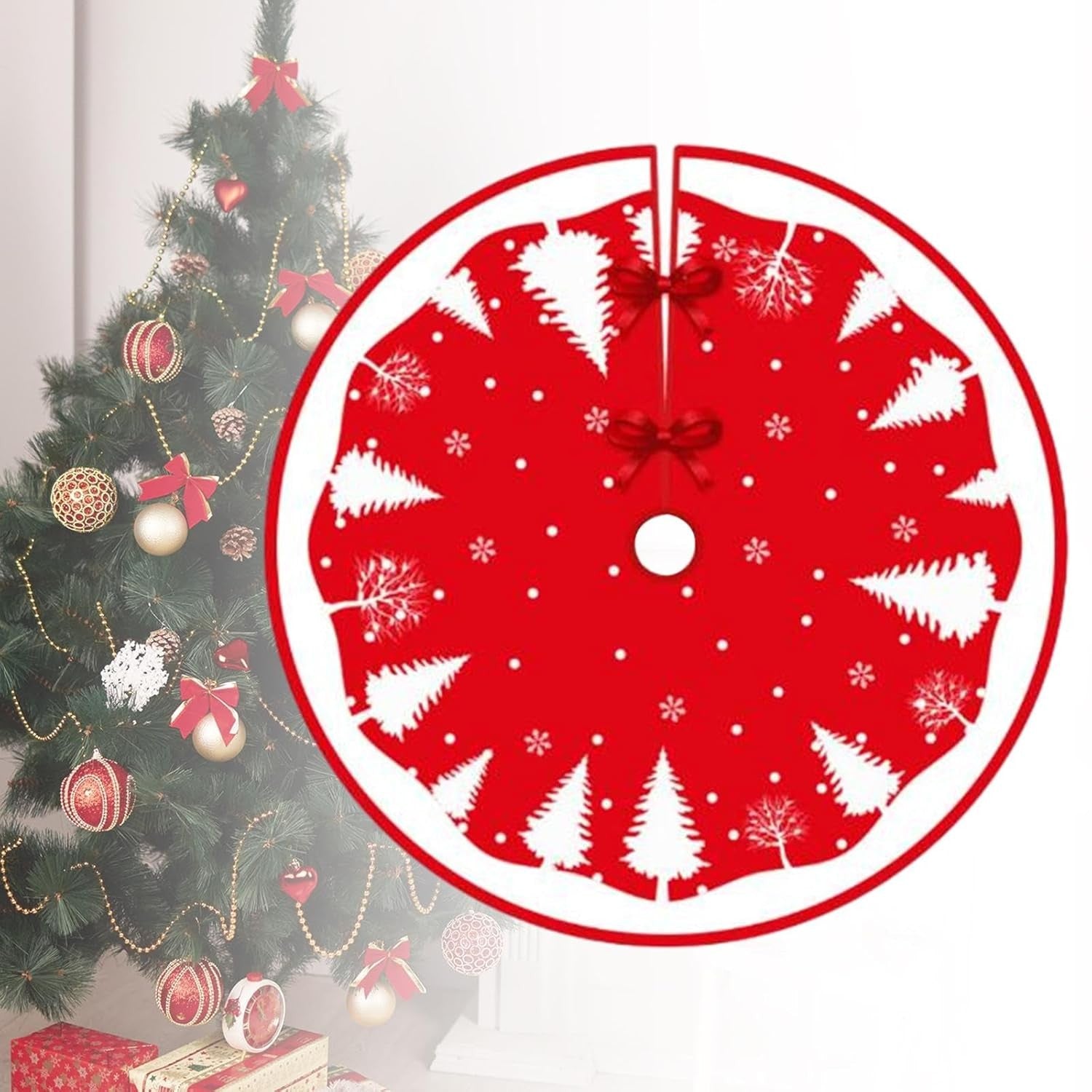 Covoras pentru Bradul de Craciun, Flippy, din Tesatura Pufoasa, cu Fundite de Prindere, Model Brazi, Rosu/Alb, Diametru 90 cm-6