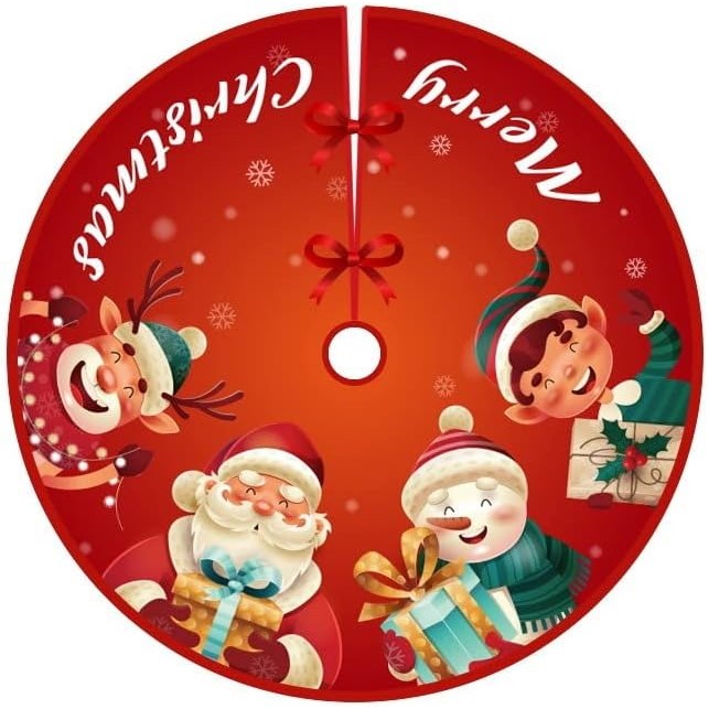 Covoras pentru Bradul de Craciun, Flippy, din Tesatura Pufoasa, cu Fundite de Prindere, Model Mos Craciun si Ajutoarele, Rosu, Diametru 90 cm-0