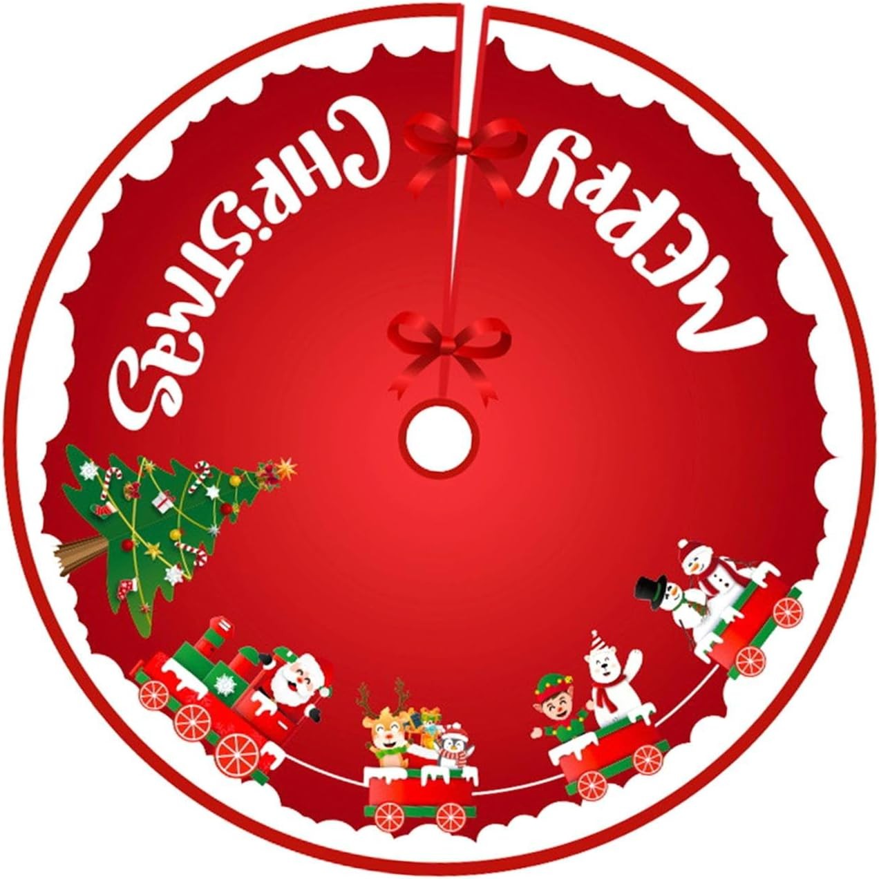 Covoras pentru Bradul de Craciun, Flippy, din Tesatura Pufoasa, cu Fundite de Prindere, Model Sania lui Mos Craciun, Rosu, Diametru 90 cm-0