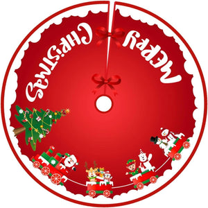 Covoras pentru Bradul de Craciun, Flippy, din Tesatura Pufoasa, cu Fundite de Prindere, Model Sania lui Mos Craciun, Rosu, Diametru 90 cm-0
