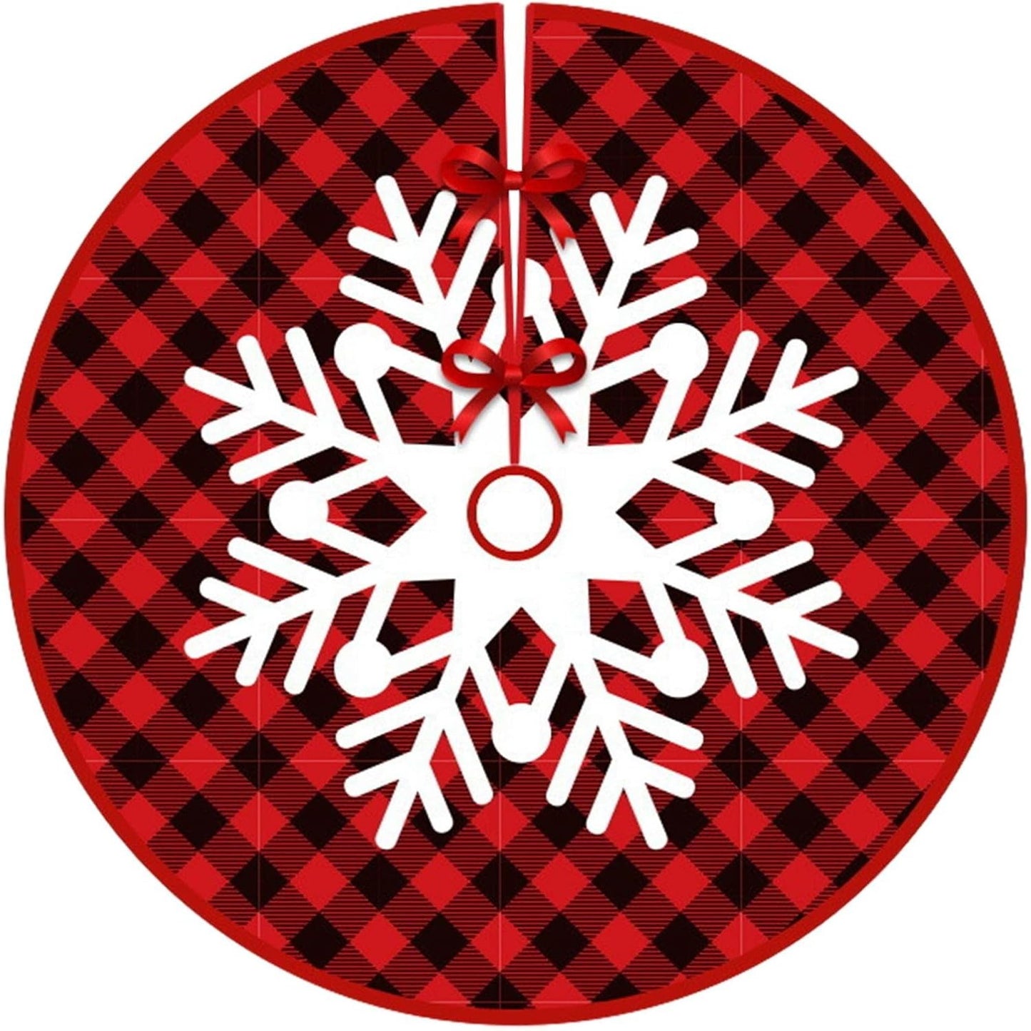 Covoras pentru Bradul de Craciun, Flippy, din Tesatura Pufoasa, cu Fundite de Prindere, Model Fulg de Nea, Carouri Rosu/Negru, Diametru 90 cm-0