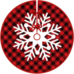 Covoras pentru Bradul de Craciun, Flippy, din Tesatura Pufoasa, cu Fundite de Prindere, Model Fulg de Nea, Carouri Rosu/Negru, Diametru 90 cm-0