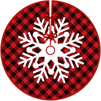 Covoras pentru Bradul de Craciun, Flippy, din Tesatura Pufoasa, cu Fundite de Prindere, Model Fulg de Nea, Carouri Rosu/Negru, Diametru 90 cm-0