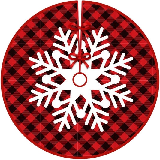 Covoras pentru Bradul de Craciun, Flippy, din Tesatura Pufoasa, cu Fundite de Prindere, Model Fulg de Nea, Carouri Rosu/Negru, Diametru 90 cm-0