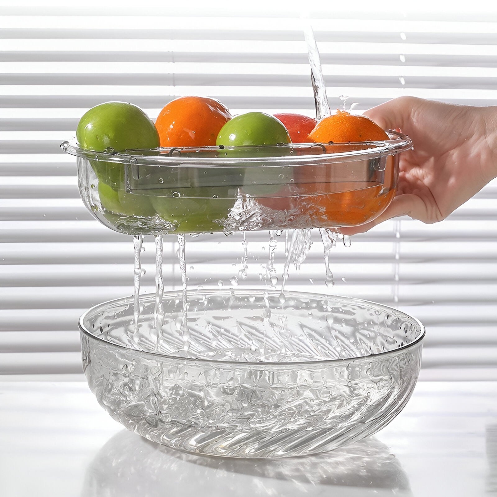 Bol cu Doua Straturi, Flippy, pentru Fructe, Legume, Snacks, cu Strat de Scurgere a Apei, Suport pentru Telefonul Mobil, 22.4x9 cm, Transparent-2