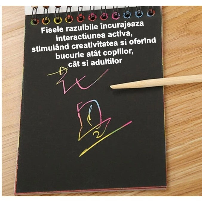 Caiet cu fise razuibile Flippy, DIY Magic Scratch, 12 File, Curcubeu, Creion din Lemn, Cartonase negre, 14.5 x 10 cm, albastru-5