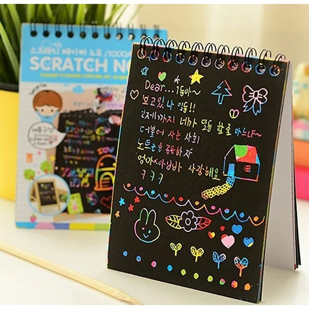 Caiet cu fise razuibile Flippy, DIY Magic Scratch, 12 File, Curcubeu, Creion din Lemn, Cartonase negre, 14.5 x 10 cm, albastru-7