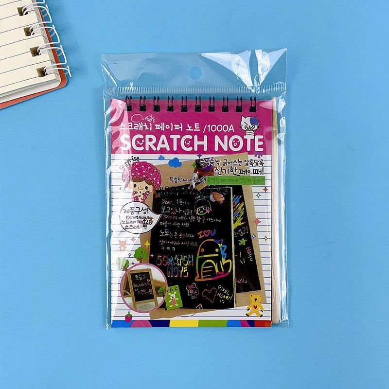 Caiet cu fise razuibile Flippy, DIY Magic Scratch, 12 File, Curcubeu, Creion din Lemn, Cartonase negre, 14.5 x 10 cm, roz-1