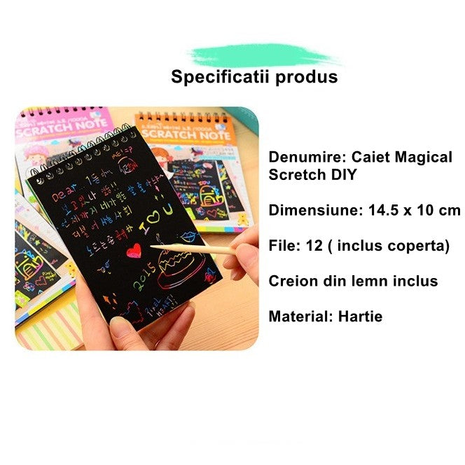Caiet cu fise razuibile Flippy, DIY Magic Scratch, 12 File, Curcubeu, Creion din Lemn, Cartonase negre, 14.5 x 10 cm, roz-3