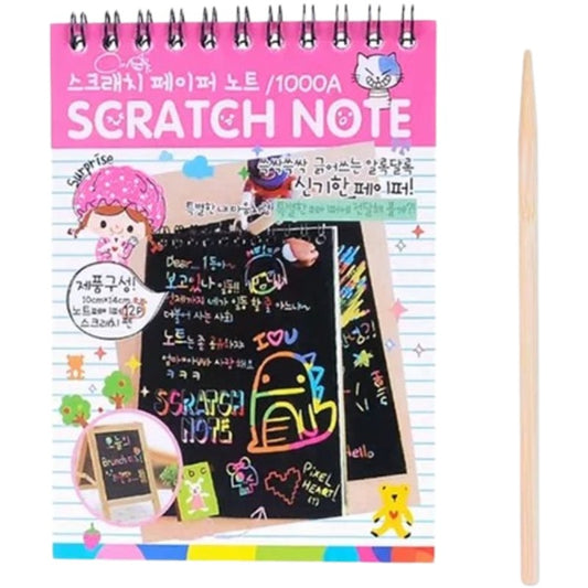 Caiet cu fise razuibile Flippy, DIY Magic Scratch, 12 File, Curcubeu, Creion din Lemn, Cartonase negre, 14.5 x 10 cm, roz-0