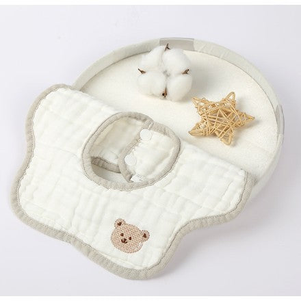 Baveta din Bumbac pentru Copii, Flippy, 0-12 Luni, 26x29 cm, Rezistenta la Apa, 8 Straturi, cu Capse, Model Tricotat cu Ursulet, Alba-0