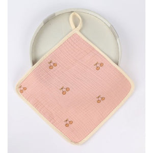 Prosop Absorbant din Bumbac pentru Bebelusi, Flippy, 25x25 cm, Model Cirese, cu Agatatoare, Roz-0