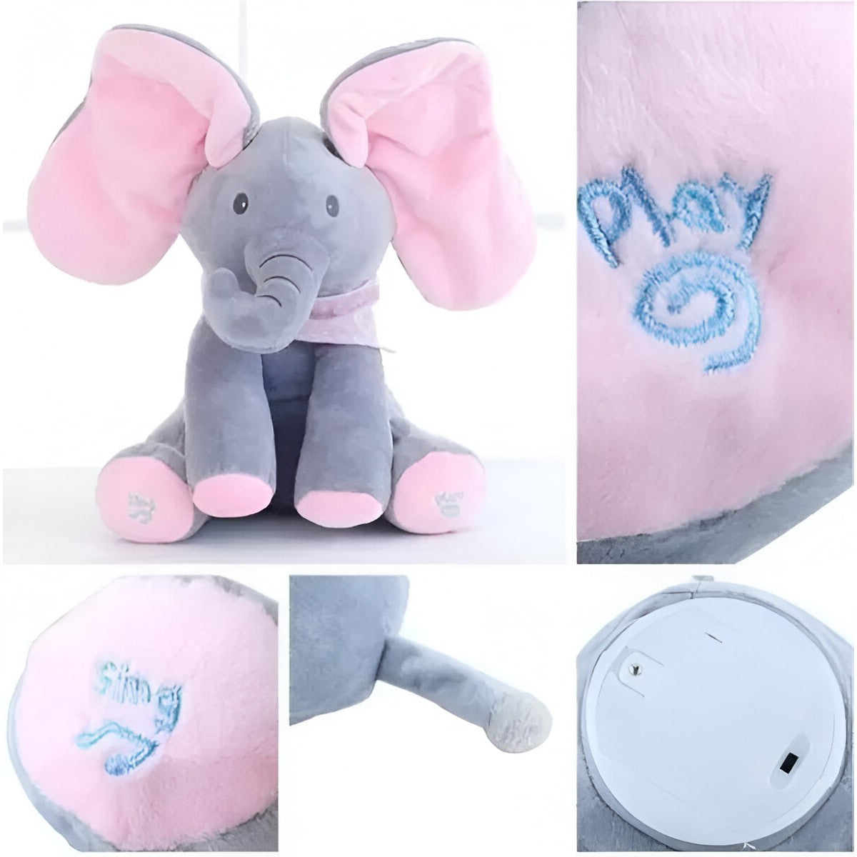 Jucarie Interactiva pentru Copii, Flippy, Elefantel Peek-a-boo, Muzica, Misca Urechile, Alimentare cu Baterii, 30 cm, Roz-Gri-2