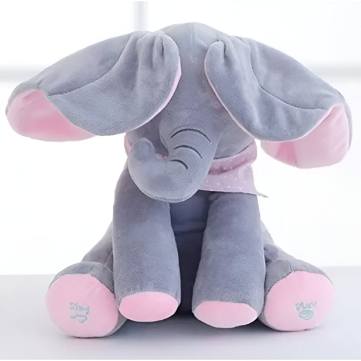 Jucarie Interactiva pentru Copii, Flippy, Elefantel Peek-a-boo, Muzica, Misca Urechile, Alimentare cu Baterii, 30 cm, Roz-Gri-5