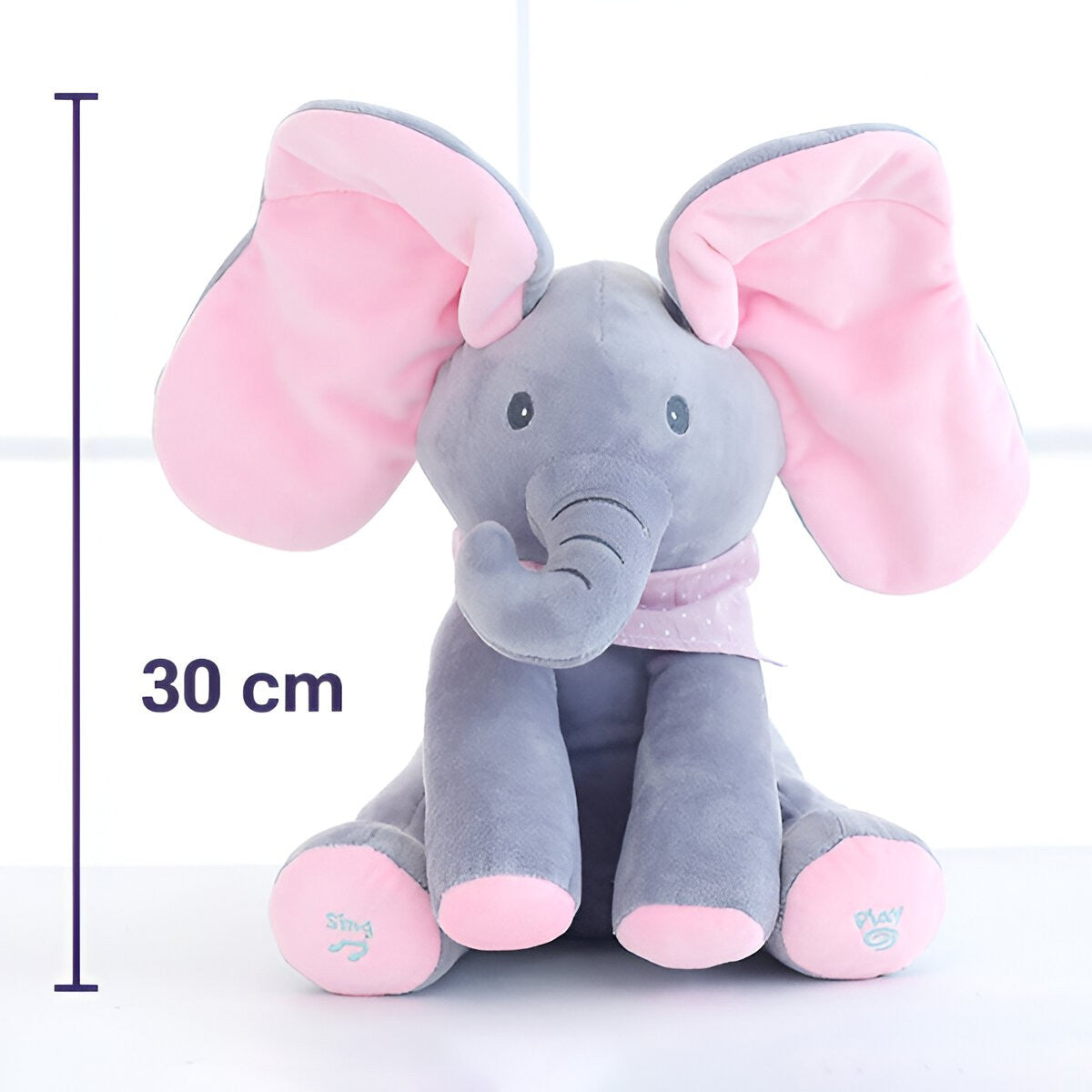 Jucarie Interactiva pentru Copii, Flippy, Elefantel Peek-a-boo, Muzica, Misca Urechile, Alimentare cu Baterii, 30 cm, Roz-Gri-7