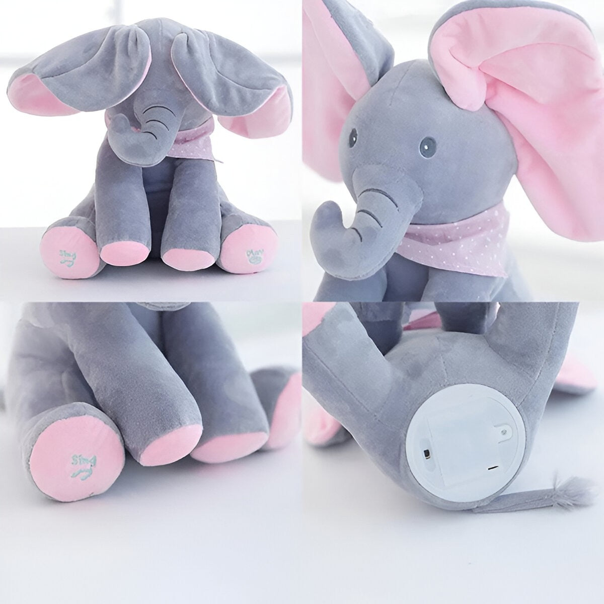 Jucarie Interactiva pentru Copii, Flippy, Elefantel Peek-a-boo, Muzica, Misca Urechile, Alimentare cu Baterii, 30 cm, Roz-Gri-8