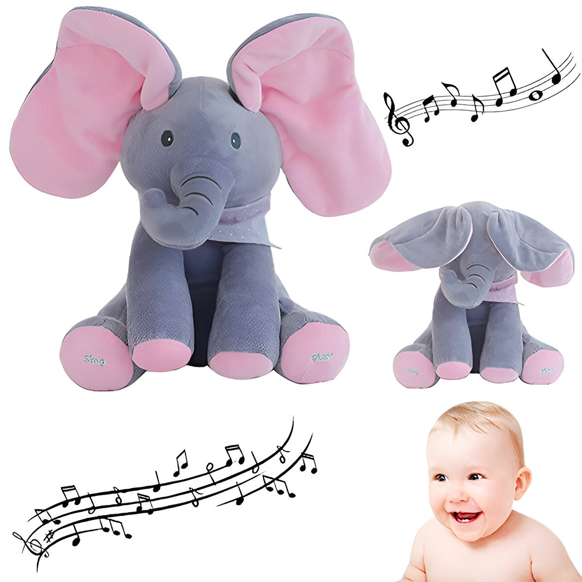 Jucarie Interactiva pentru Copii, Flippy, Elefantel Peek-a-boo, Muzica, Misca Urechile, Alimentare cu Baterii, 30 cm, Roz-Gri-10