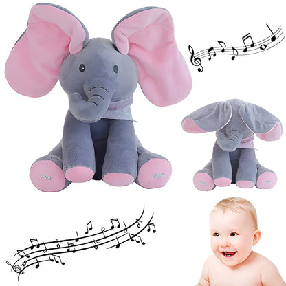 Jucarie Interactiva pentru Copii, Flippy, Elefantel Peek-a-boo, Muzica, Misca Urechile, Alimentare cu Baterii, 30 cm, Roz-Gri-10