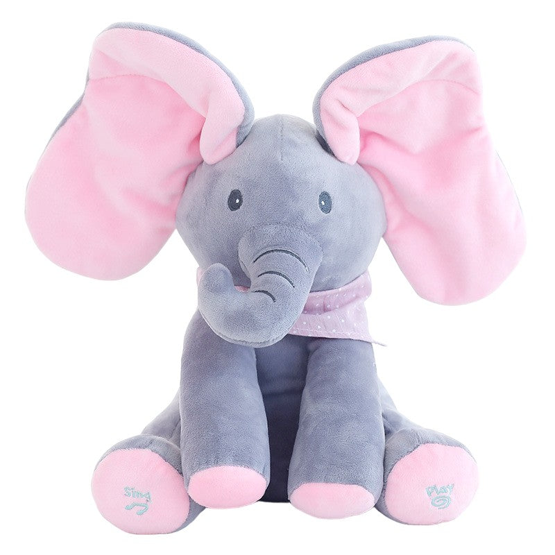 Jucarie Interactiva pentru Copii, Flippy, Elefantel Peek-a-boo, Muzica, Misca Urechile, Alimentare cu Baterii, 30 cm, Roz-Gri-0