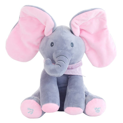 Jucarie Interactiva pentru Copii, Flippy, Elefantel Peek-a-boo, Muzica, Misca Urechile, Alimentare cu Baterii, 30 cm, Roz-Gri-0