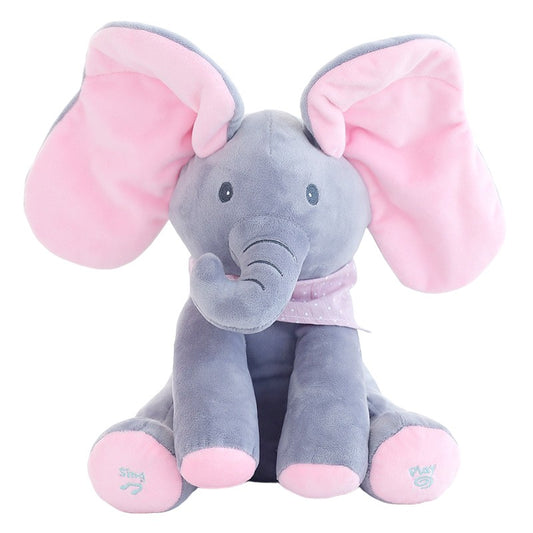 Jucarie Interactiva pentru Copii, Flippy, Elefantel Peek-a-boo, Muzica, Misca Urechile, Alimentare cu Baterii, 30 cm, Roz-Gri-0