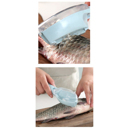 Curatator Manual Solzi de Peste, Flippy, Forma Peste , Recipient cu Capcac pentru Solzi, Plastic, Albastru deschis, 16x6 cm-3