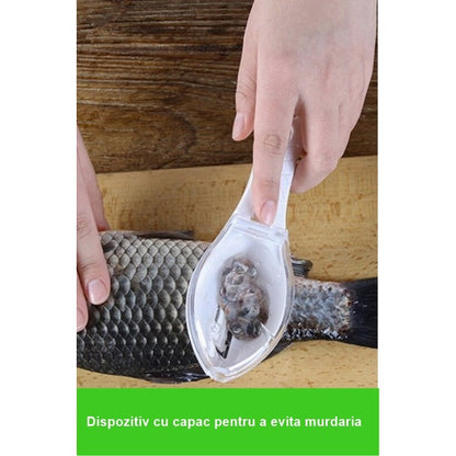 Curatator Manual Solzi de Peste, Flippy, Forma Peste , Recipient cu Capcac pentru Solzi, Plastic, Roz pal, 16x6 cm-2