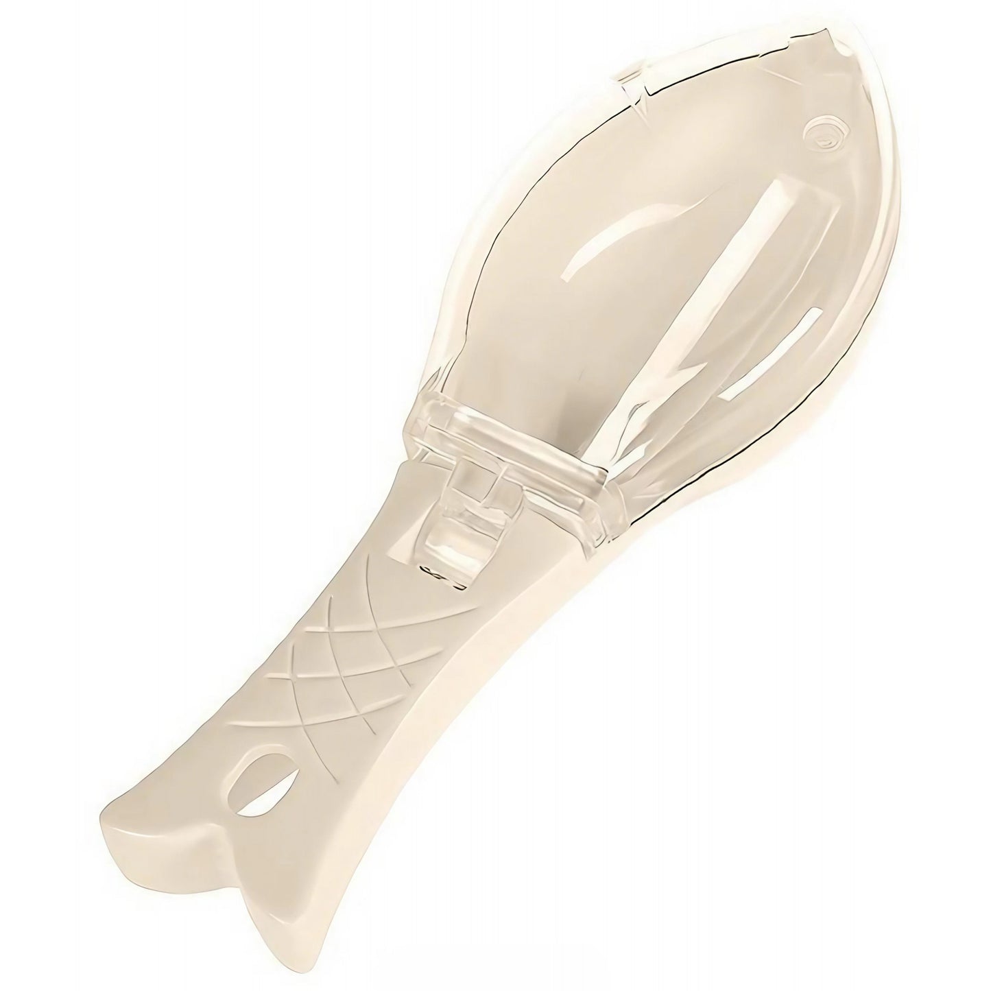 Curatator Manual Solzi de Peste, Flippy, Forma Peste , Recipient cu Capcac pentru Solzi, Plastic, Roz pal, 16x6 cm-0