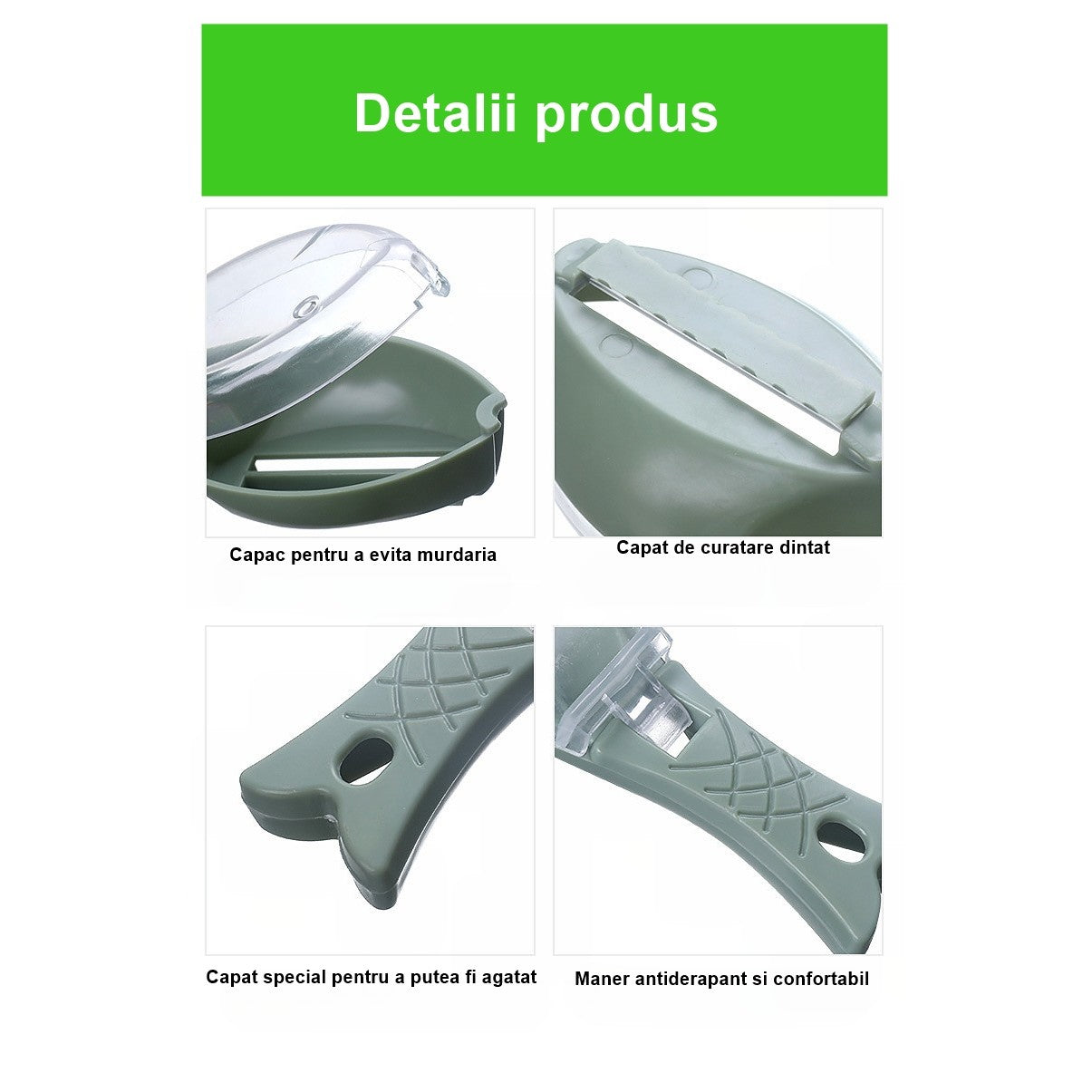 Curatator Manual Solzi de Peste, Flippy, Forma Peste , Recipient cu Capcac pentru Solzi, Plastic, Verde deschis, 16x6 cm-1